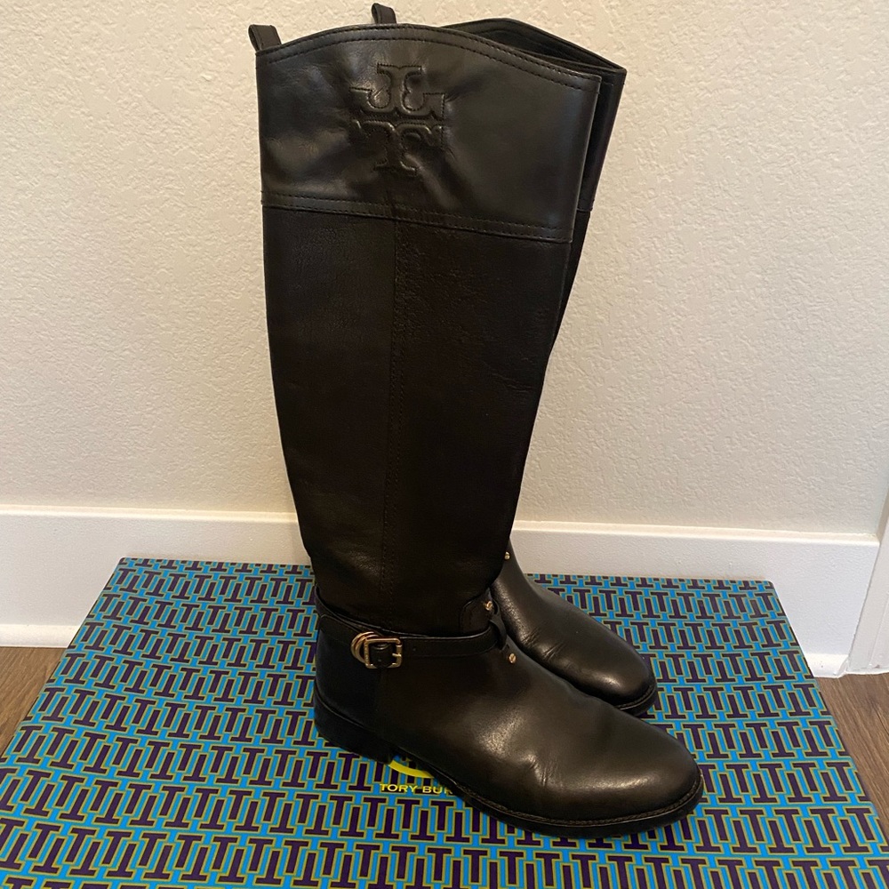 TORY BURCH SIMONE KNEE-HIGH LEATHER BLACK BOOTS// SIZE 7.5